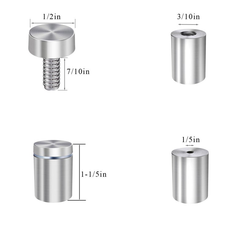 Osring 1/2” Dia x 1 1/5” L Standoffs Screws for Acrylic, Silver Sign Standoff Wall Mounts Hardware 16 Pack, Stainless Steel Advertising Nails for Glass Board and Signage - Image 2